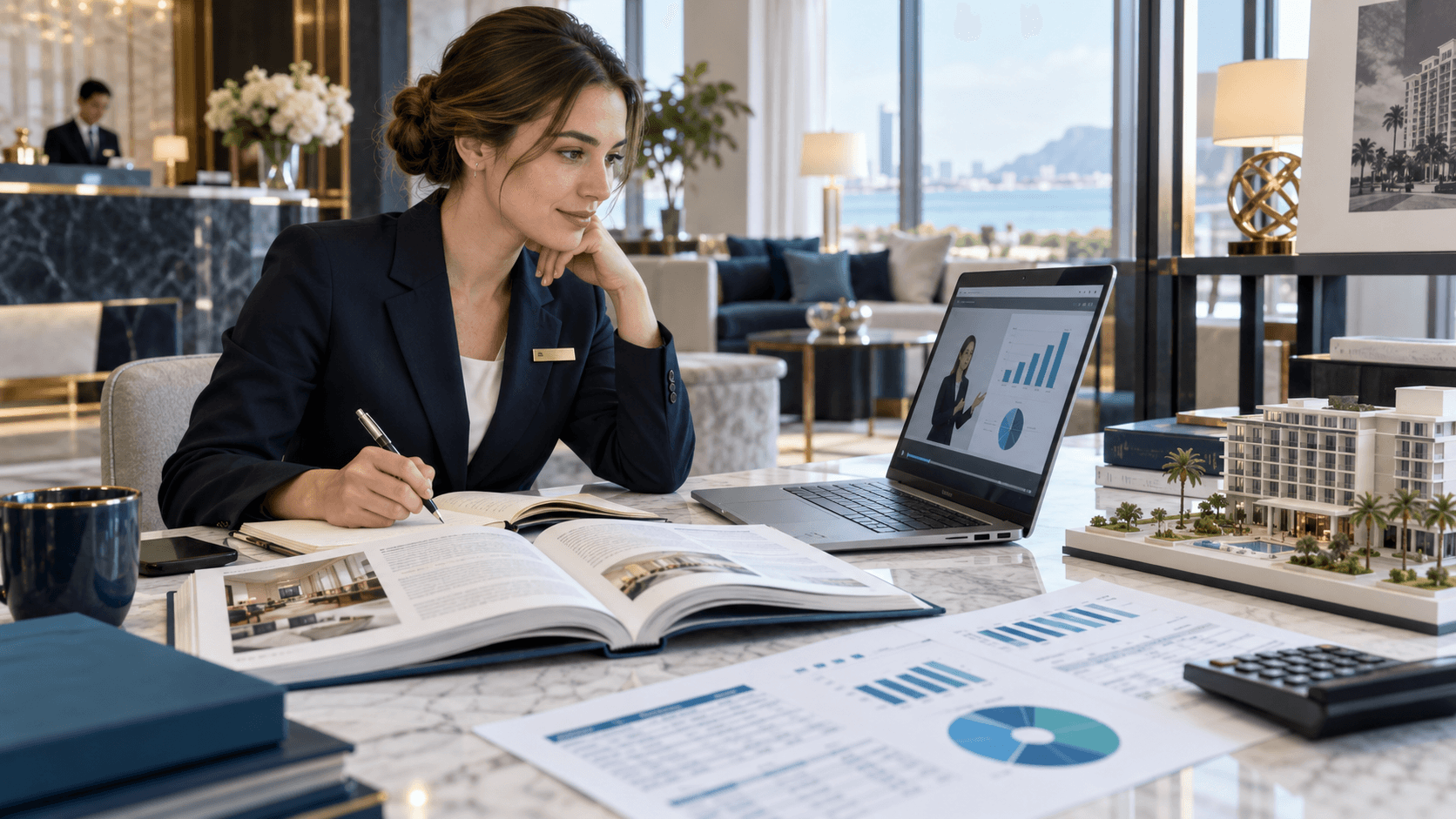 Illustration of a hotel professional studying financial reports alongside an online finance lesson