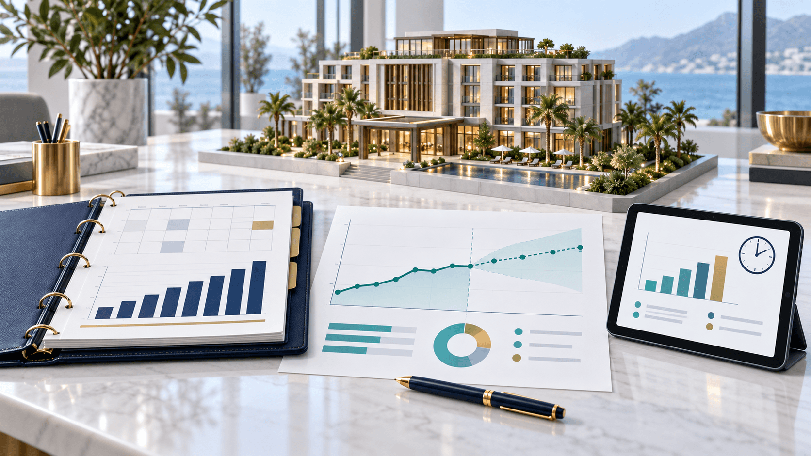 Illustration of a hotel model with a budget planning binder, forecast projection chart and flash report tablet