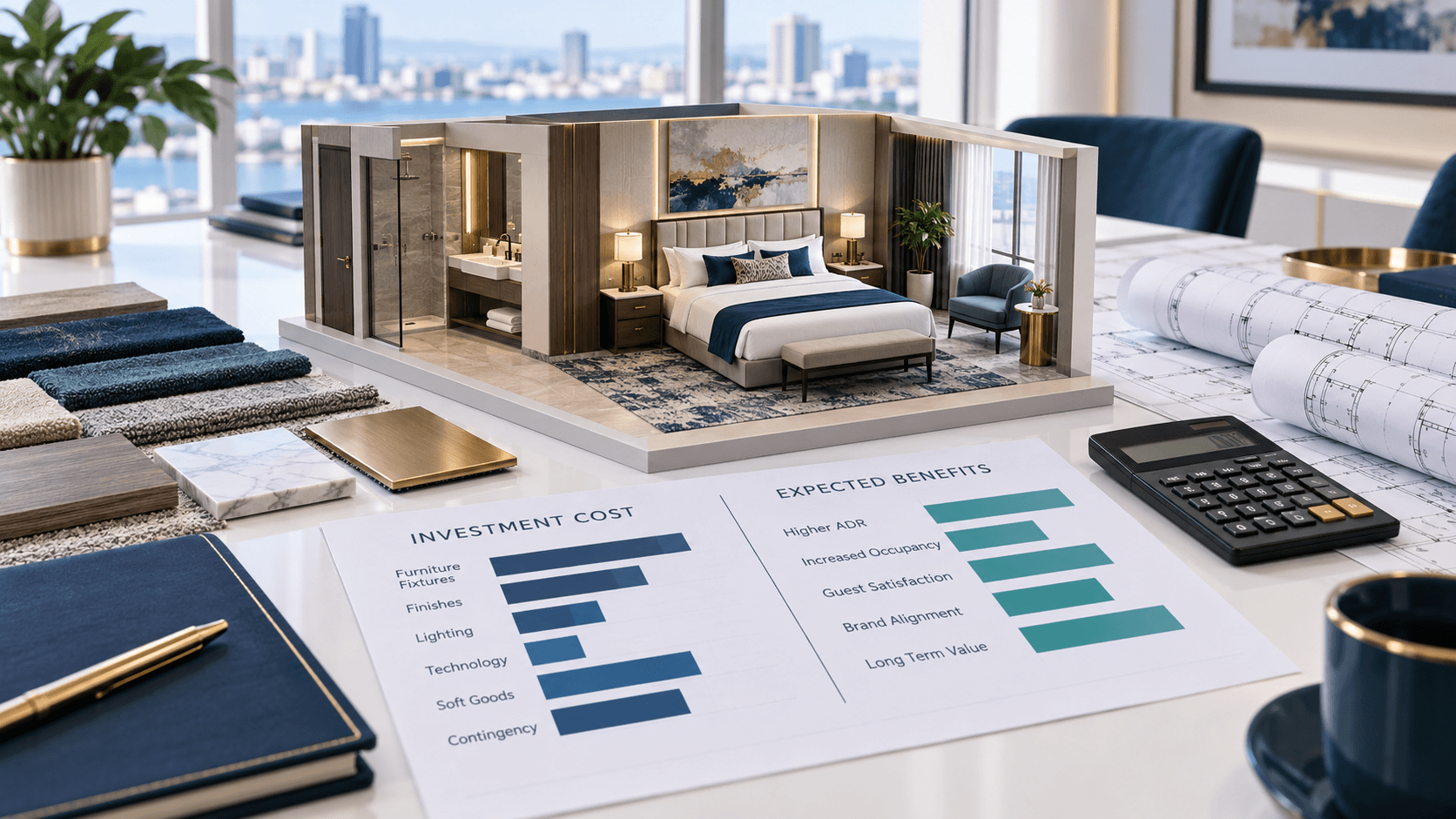 Illustration of a hotel room renovation model with material samples and investment cost and benefit charts