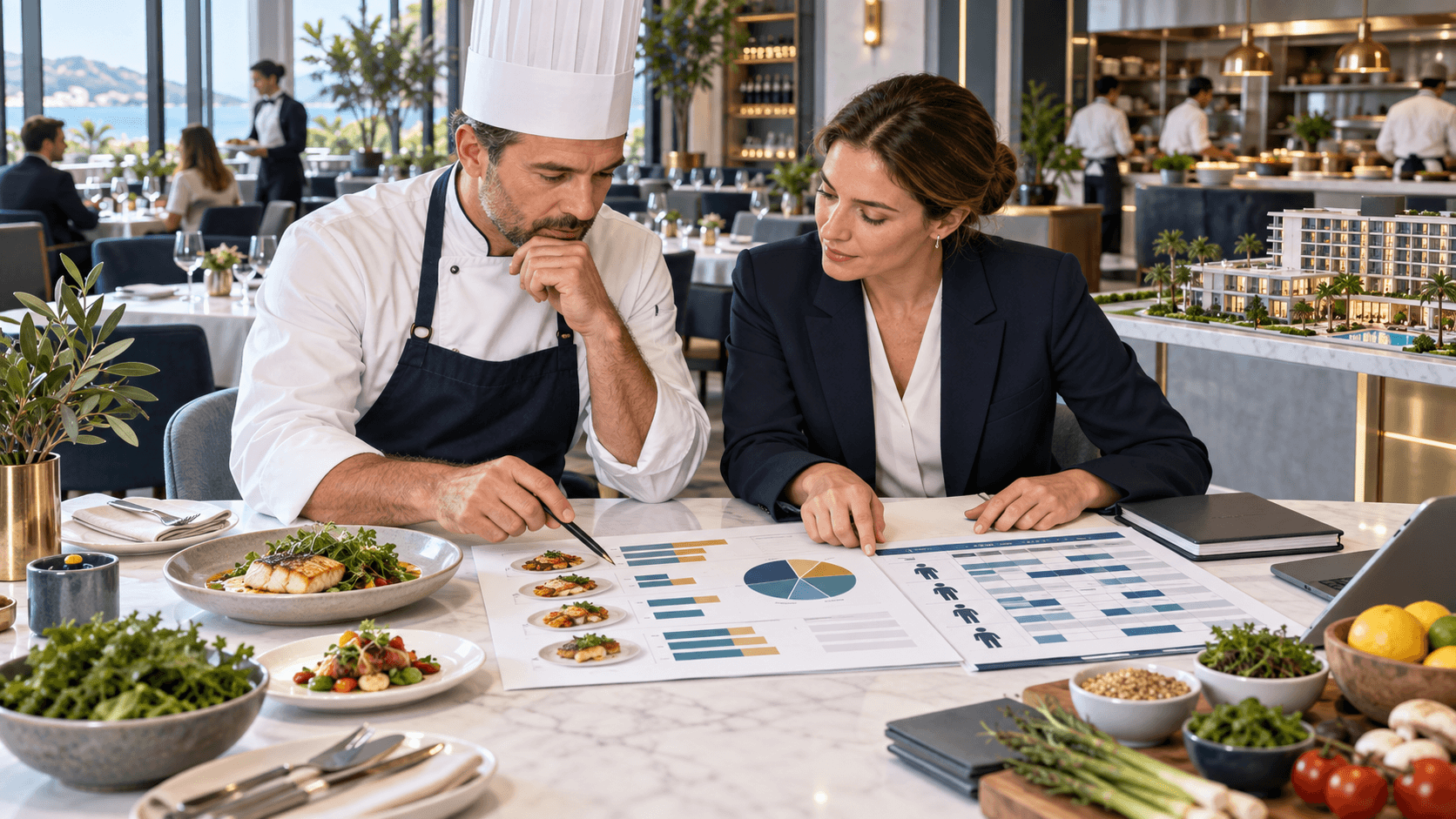 Illustration of a hotel chef and operations manager reviewing menu contribution and staffing to improve departmental profit