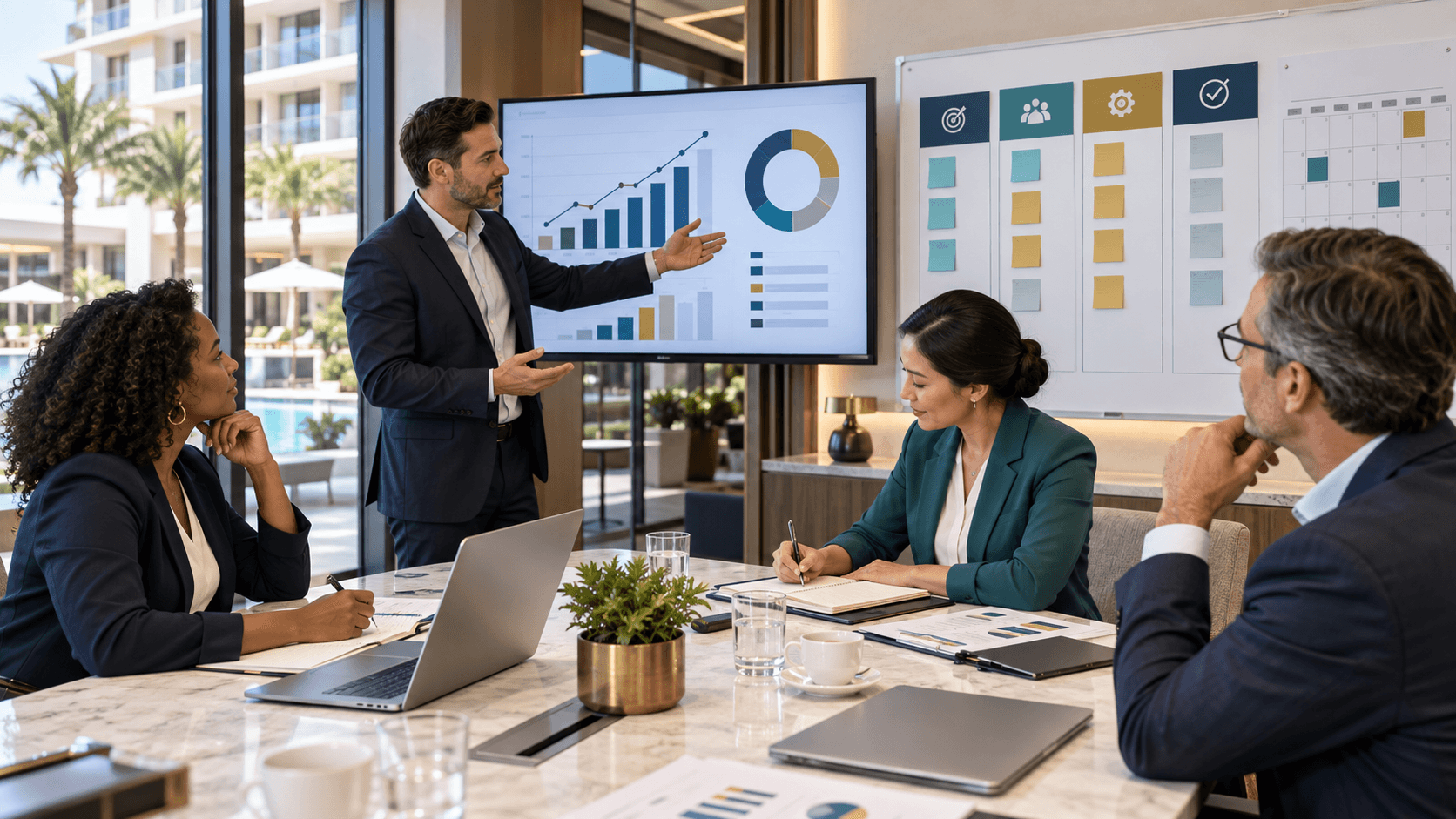 Illustration of hotel leaders turning financial results into an action plan during a finance meeting