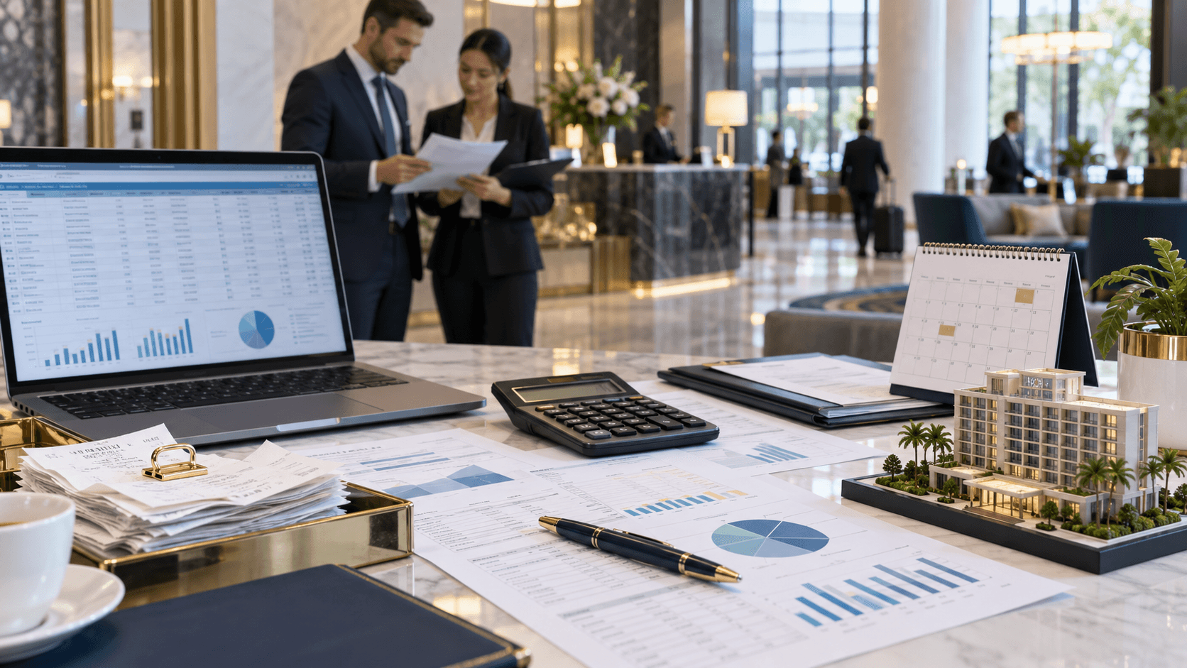 Illustration of hotel month-end reconciliation documents and a finance team coordinating the close