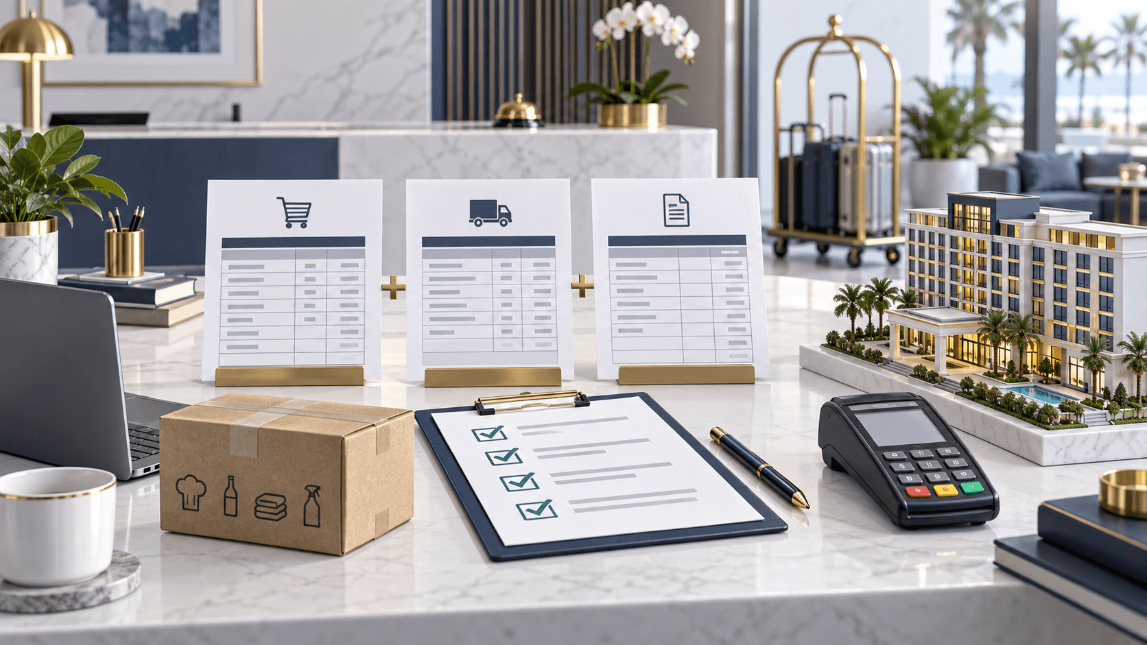 Illustration of hotel financial controls with purchase orders, delivery records, invoice matching and a payment terminal
