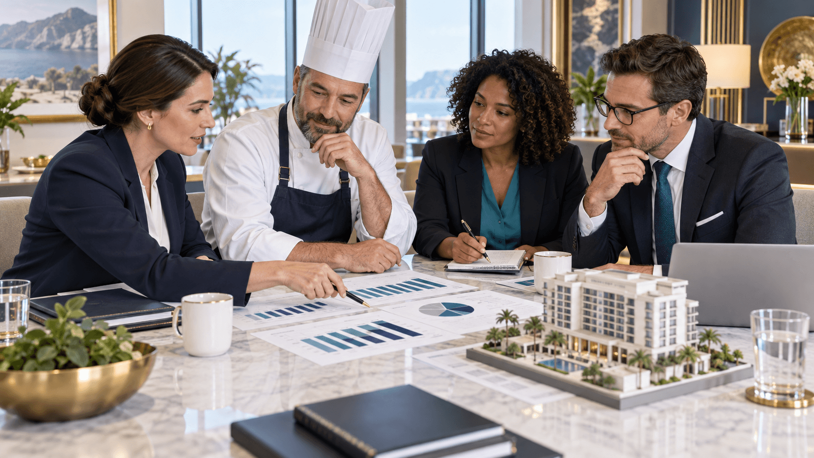 Illustration of hotel department leaders reviewing financial reports and operating decisions together