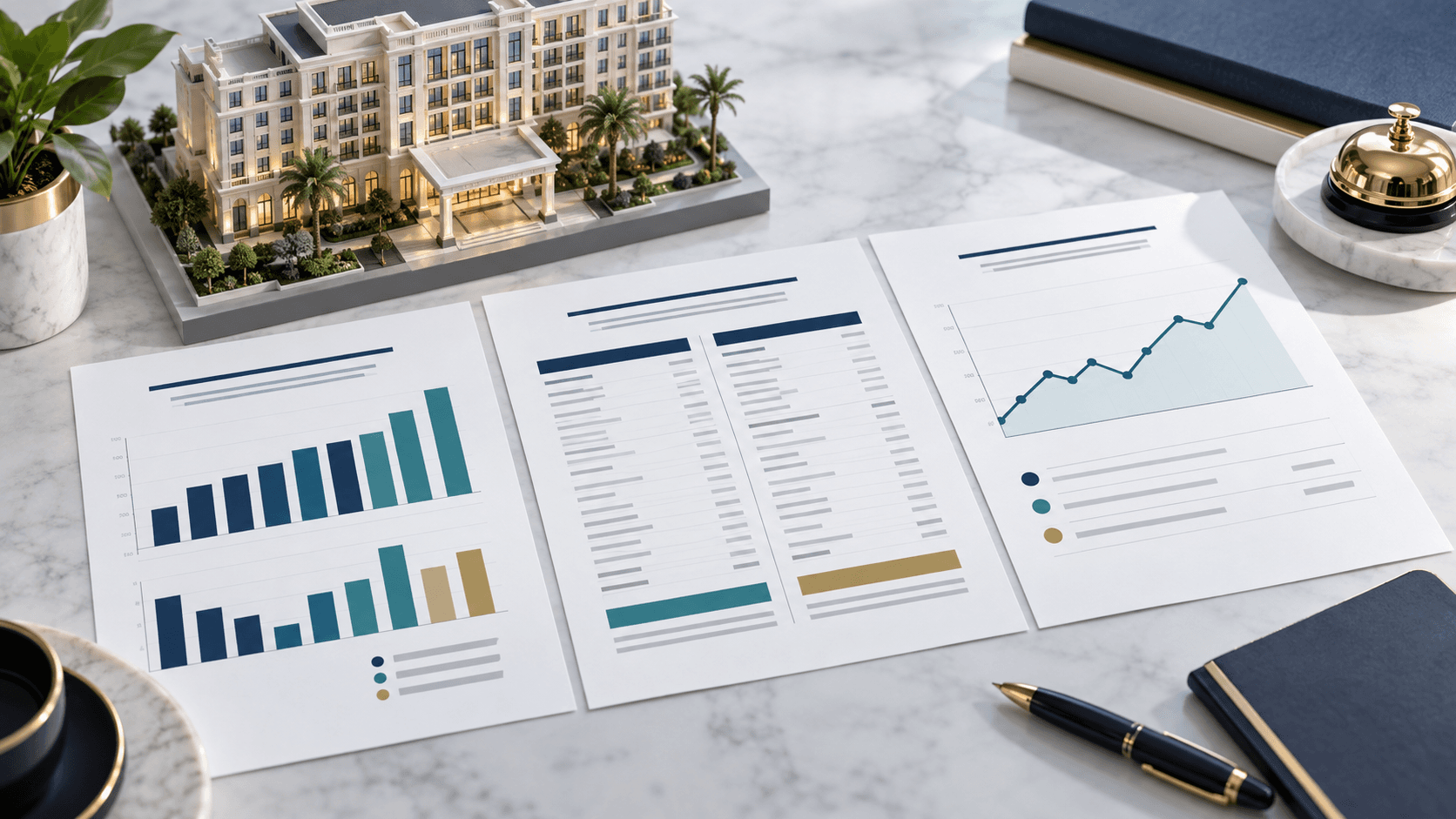 Illustration of hotel profit and loss, balance sheet and cash flow reports beside a hotel model