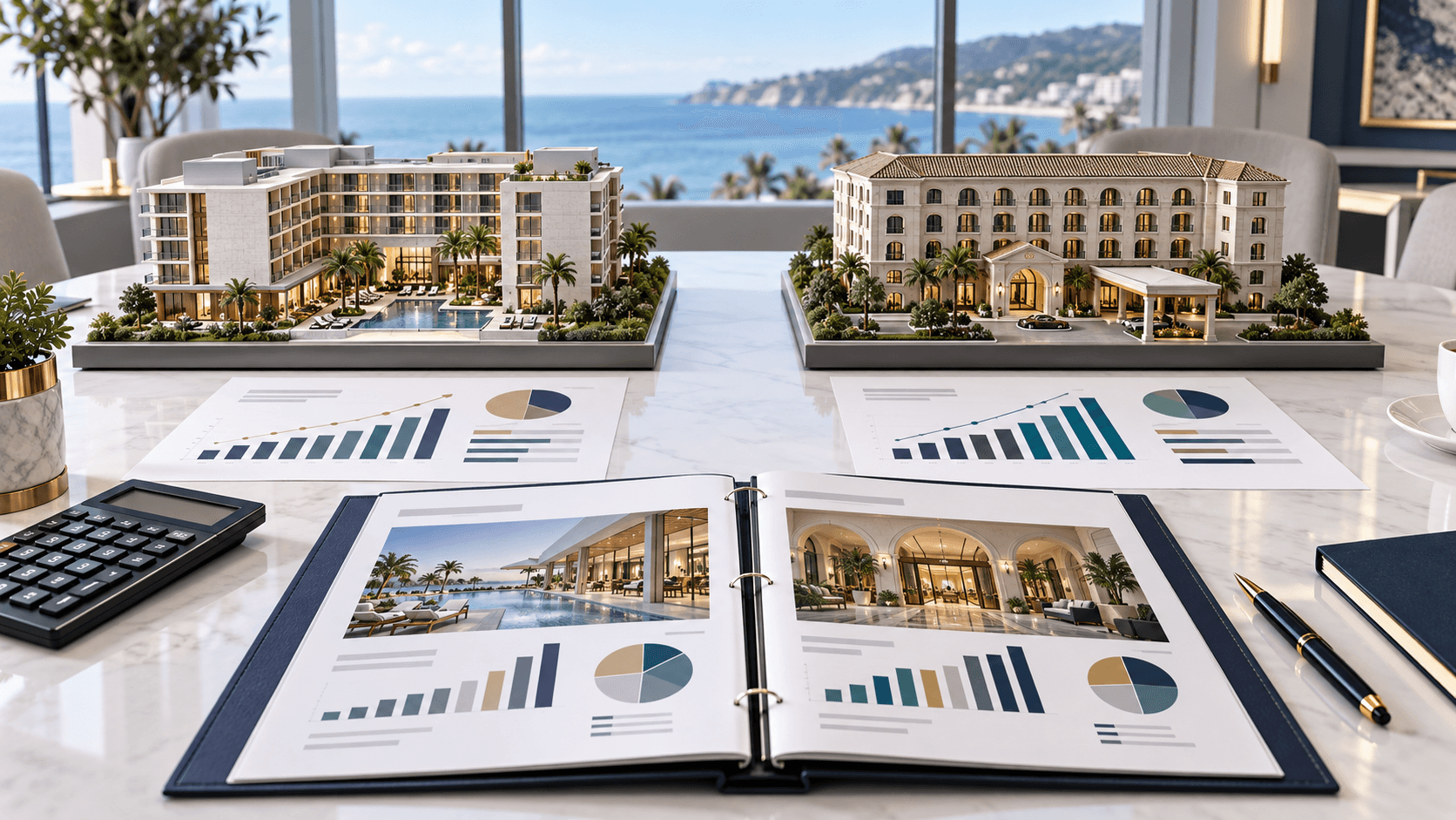 Illustration of alternative hotel renovation models with investment comparison sheets and cash flow timelines
