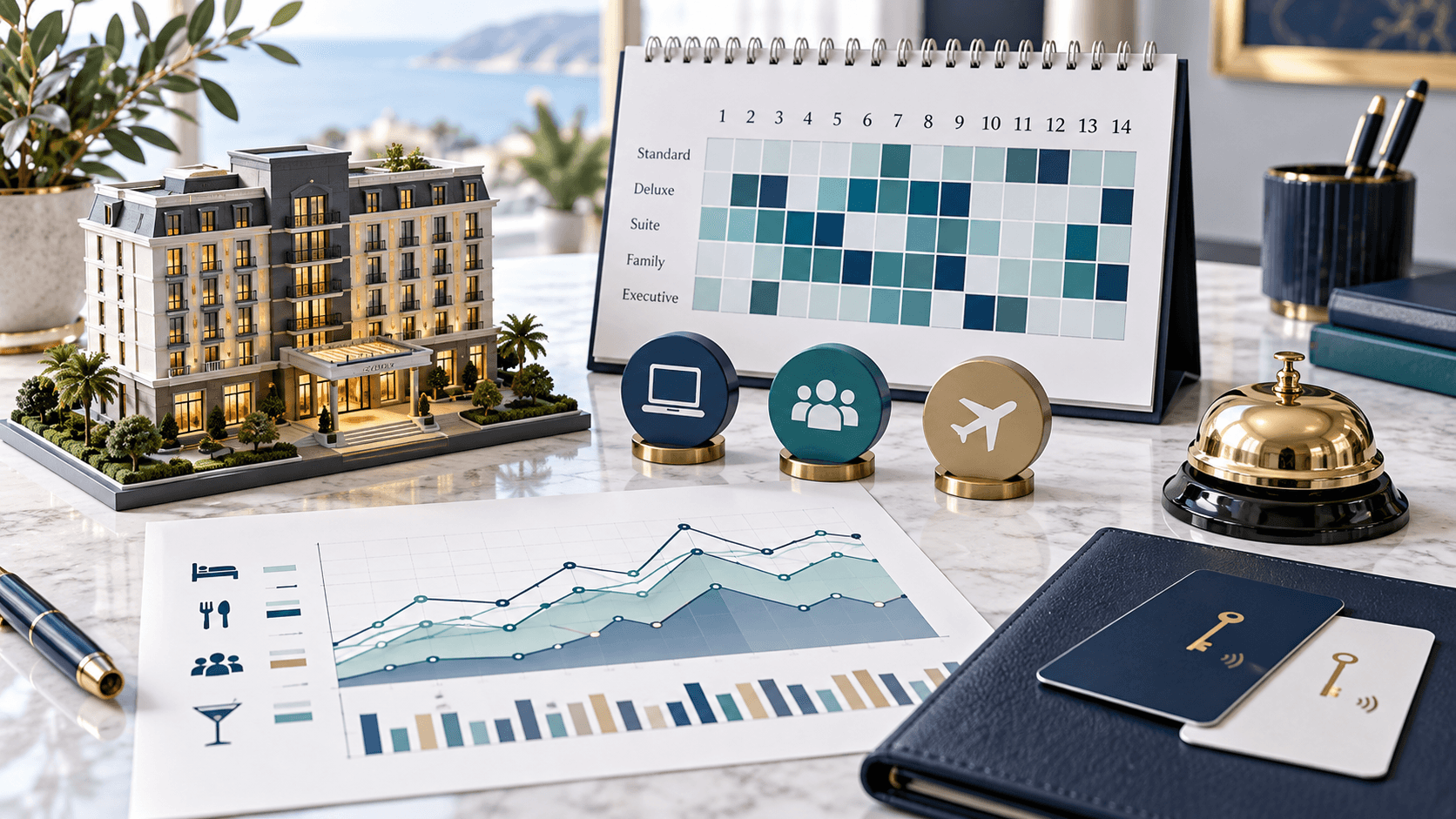 Illustration of a hotel model, booking calendar and demand charts with different booking channels