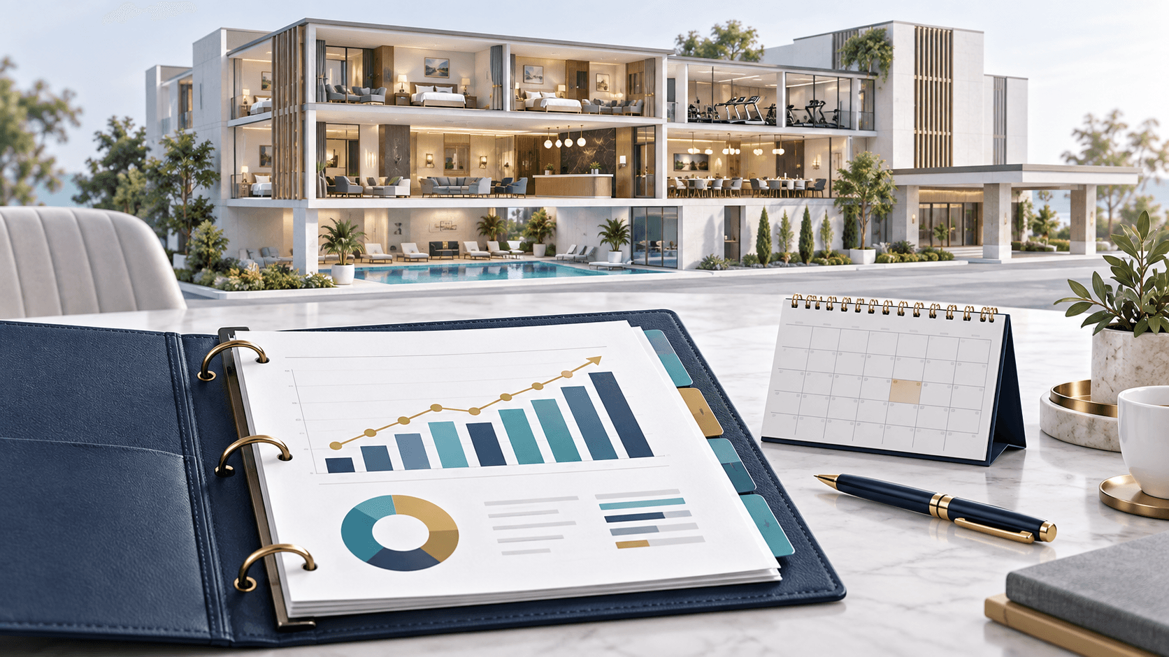 Illustration of a hotel model and monthly owner reporting pack with performance charts and a calendar