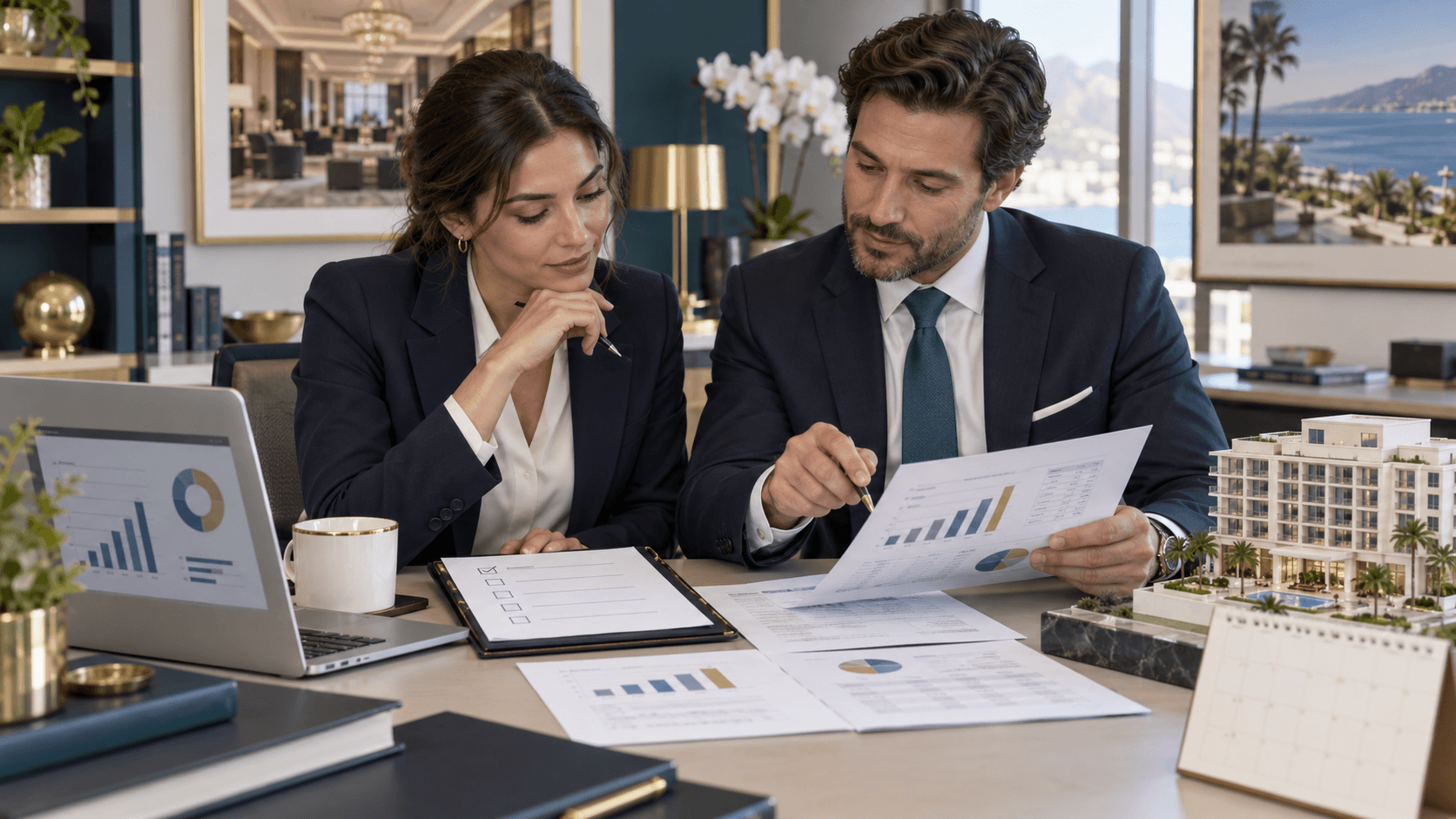 Illustration of a new hotel finance manager reviewing an onboarding checklist with a colleague