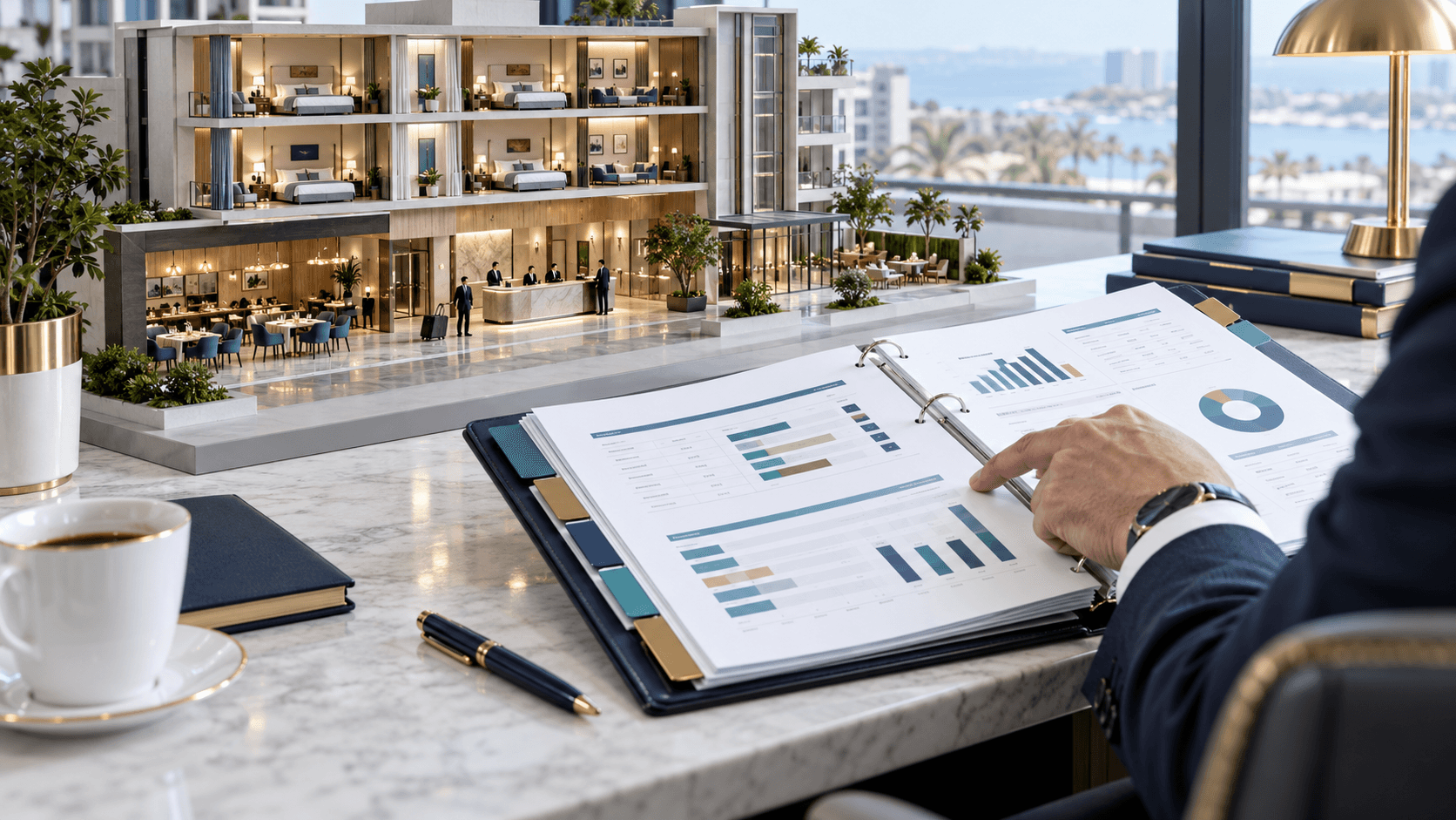 Illustration of departmental reporting schedules beside a hotel cutaway model for learning USALI