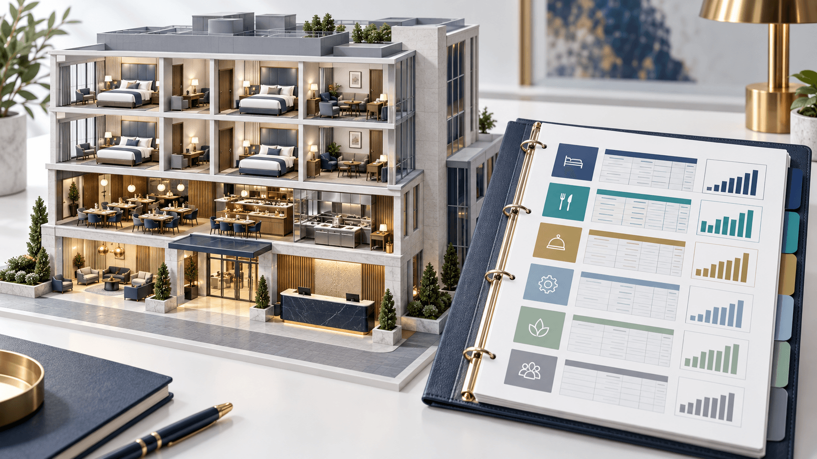 Illustration of hotel departments alongside an organised departmental financial reporting binder
