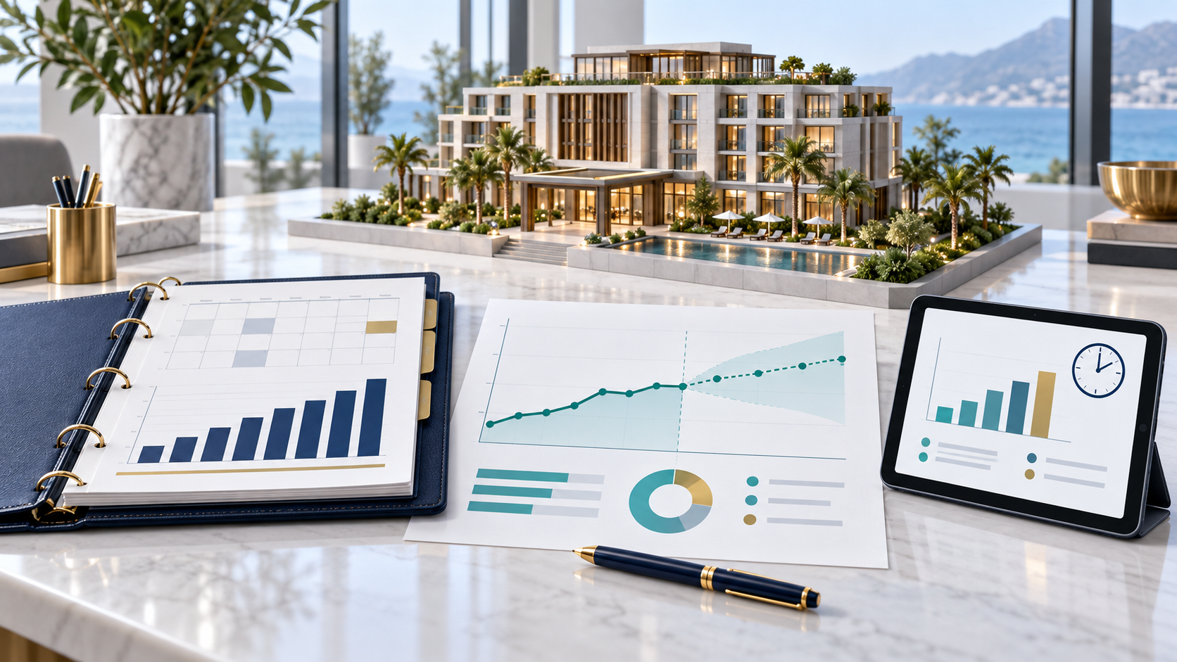 Illustration of a hotel model with a budget planning binder, forecast projection chart and flash report tablet